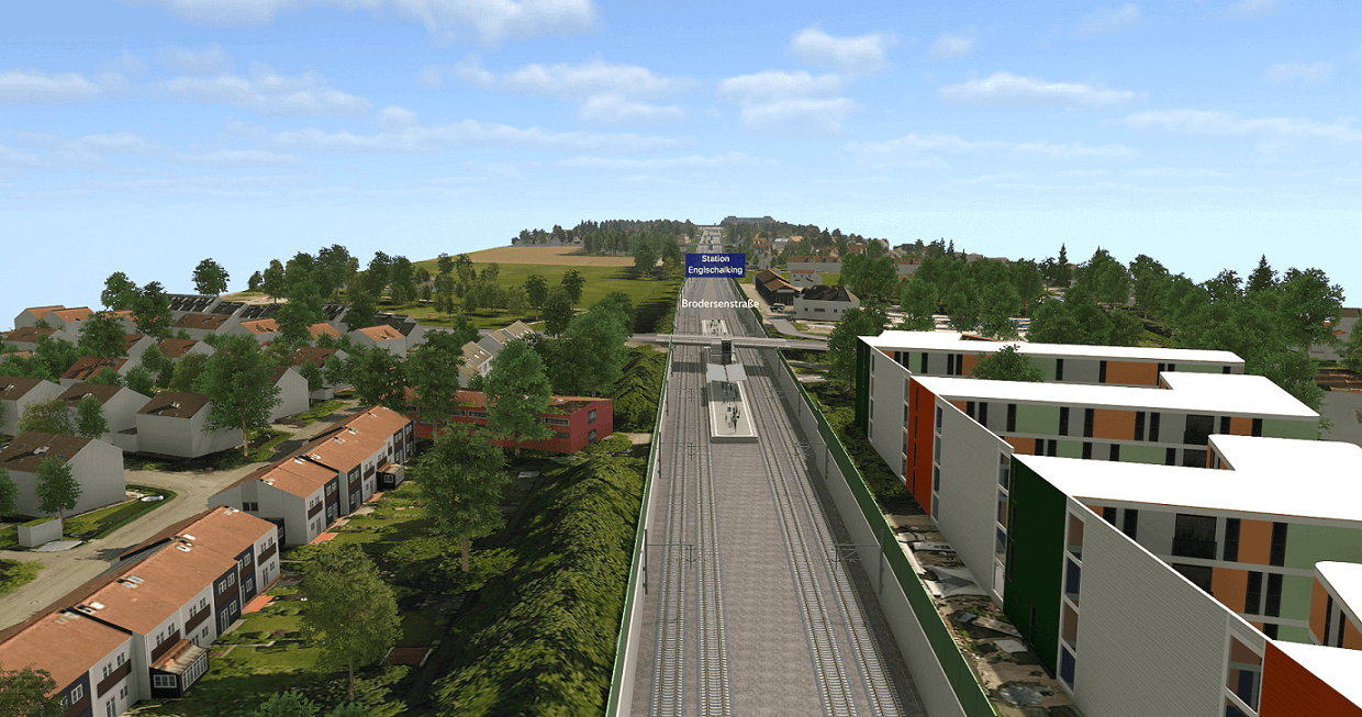 Visualisierung Englschalking mit vier Gleisen im Trog, links und rechts davon Wohnhäuser.