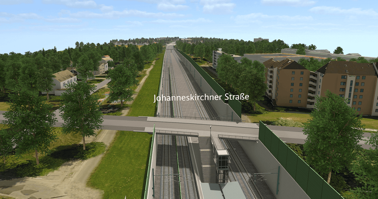 Visualisierung Johanneskirchnerstraße mit vier Gleisen im Trog.