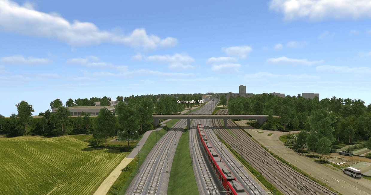 Visualisierung Kreisstraße, mehrere Gleise im Trog, auf einem Gleis fährt eine S-Bahn